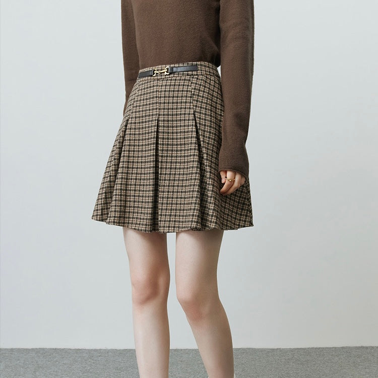 Autumn check tuck skirt with belt