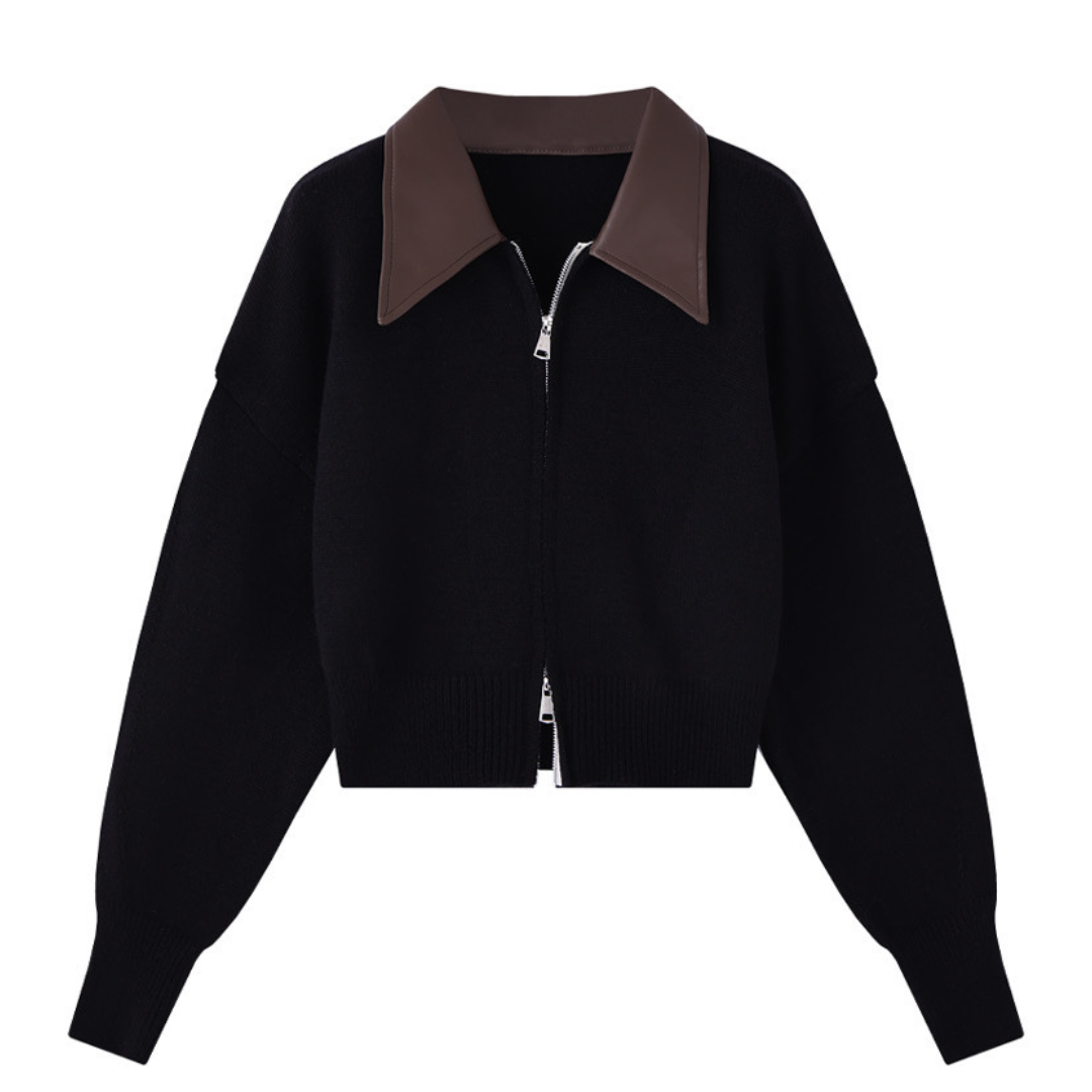 Leather color two -tone knit jacket