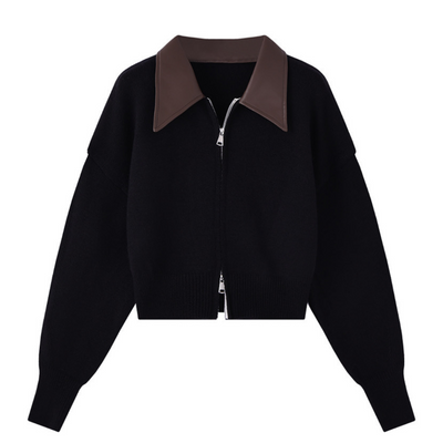 Leather color two -tone knit jacket