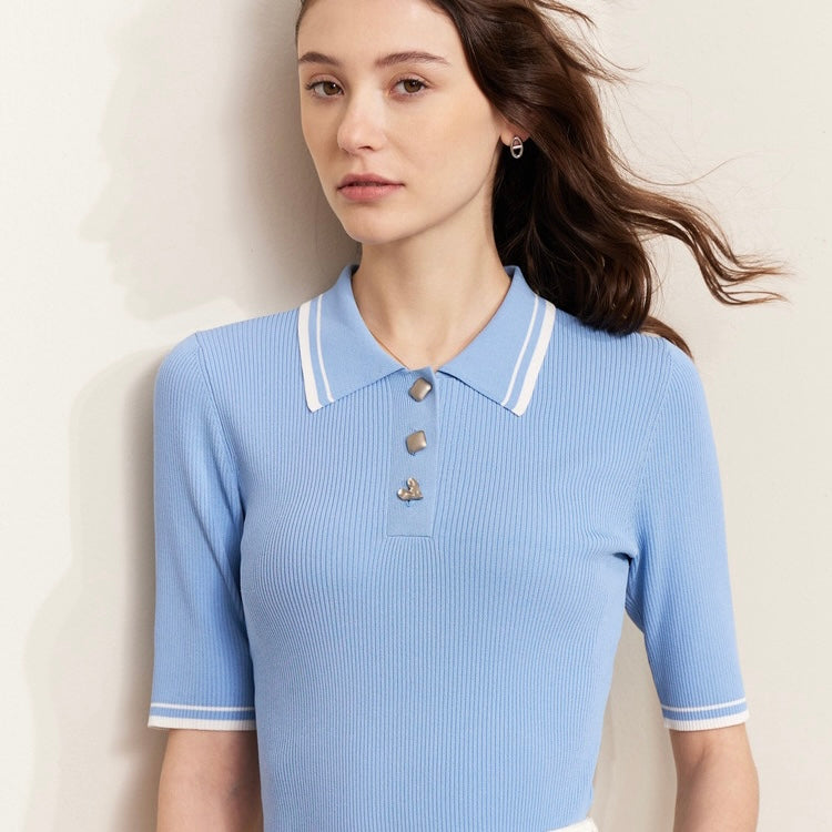 Double line color rib knit polo shirt