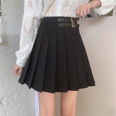 Double waist belt pleated skirt