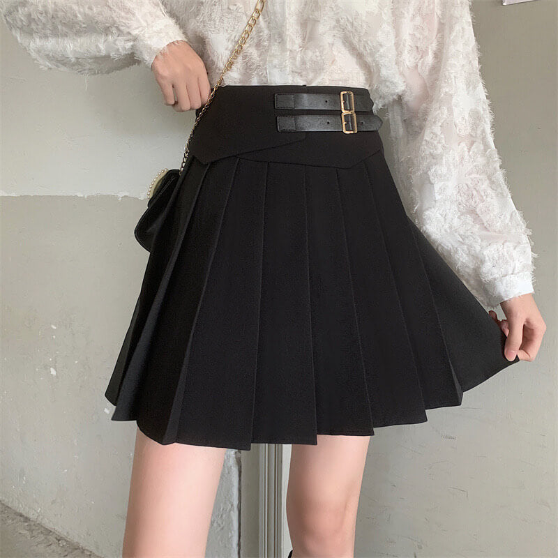 Double waist belt pleated skirt