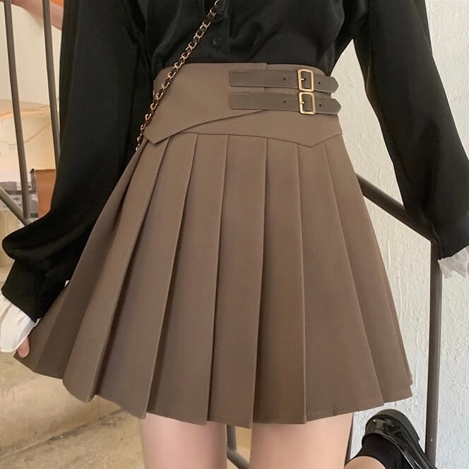 Double waist belt pleated skirt