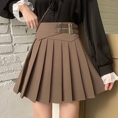 Double waist belt pleated skirt