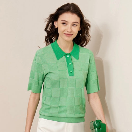 Square block check polo shirt